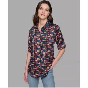 Karl Lagerfeld Paris Women’s Logo Multicolor Print Shirt Blouse Size 2X,new